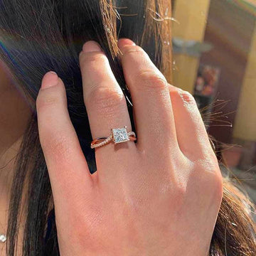 Rose Gold Tone Square Solitaire Ring With Clear Accents