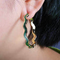 Large Wavy Enamel Hoop Earrings in White and Green view 2