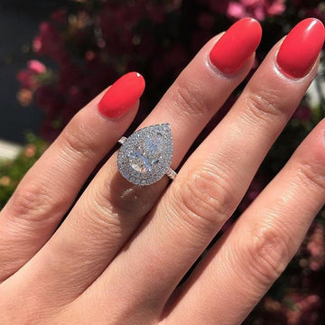 Pear-Shaped Clear Solitaire Double-Halo Ring In Silver Tone