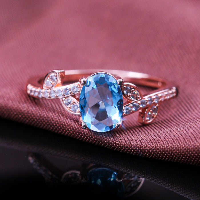 Rose Gold Sea Blue Oval CZ Leaf Floral Band Ring Sizes