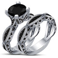 Black Round Crystal Two Piece Filigree Ring Set Polished Metal Jewelry view 1