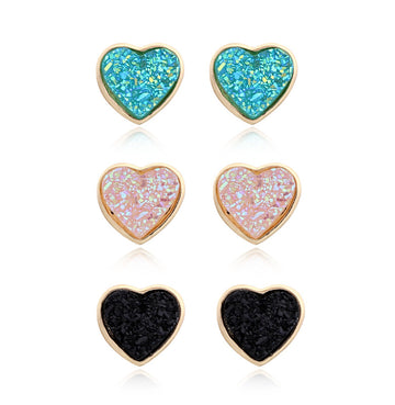 Gold Tone Heart Druzy Stud Earrings in a Three Pair Color Set