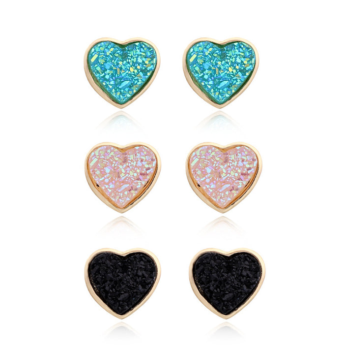 Gold Tone Heart Druzy Stud Earrings in a Three Pair Color Set