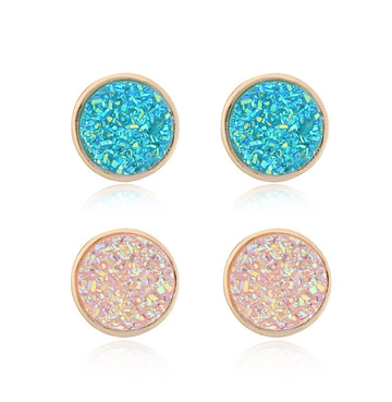 Gold Tone Round Druzy Stud Earrings in a Two Pair Color Set