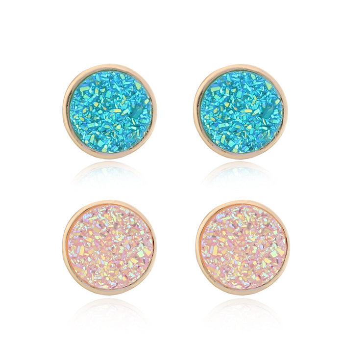 Gold Tone Round Druzy Stud Earrings in a Two Pair Color Set