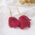 White Purple and Burgundy Fabric Flower Hook Earrings view 3