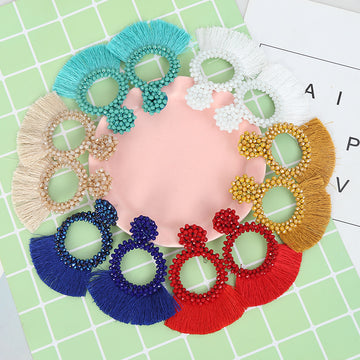Crystal Bead Flower Hoop Fringe Tassel Earrings Six Colors