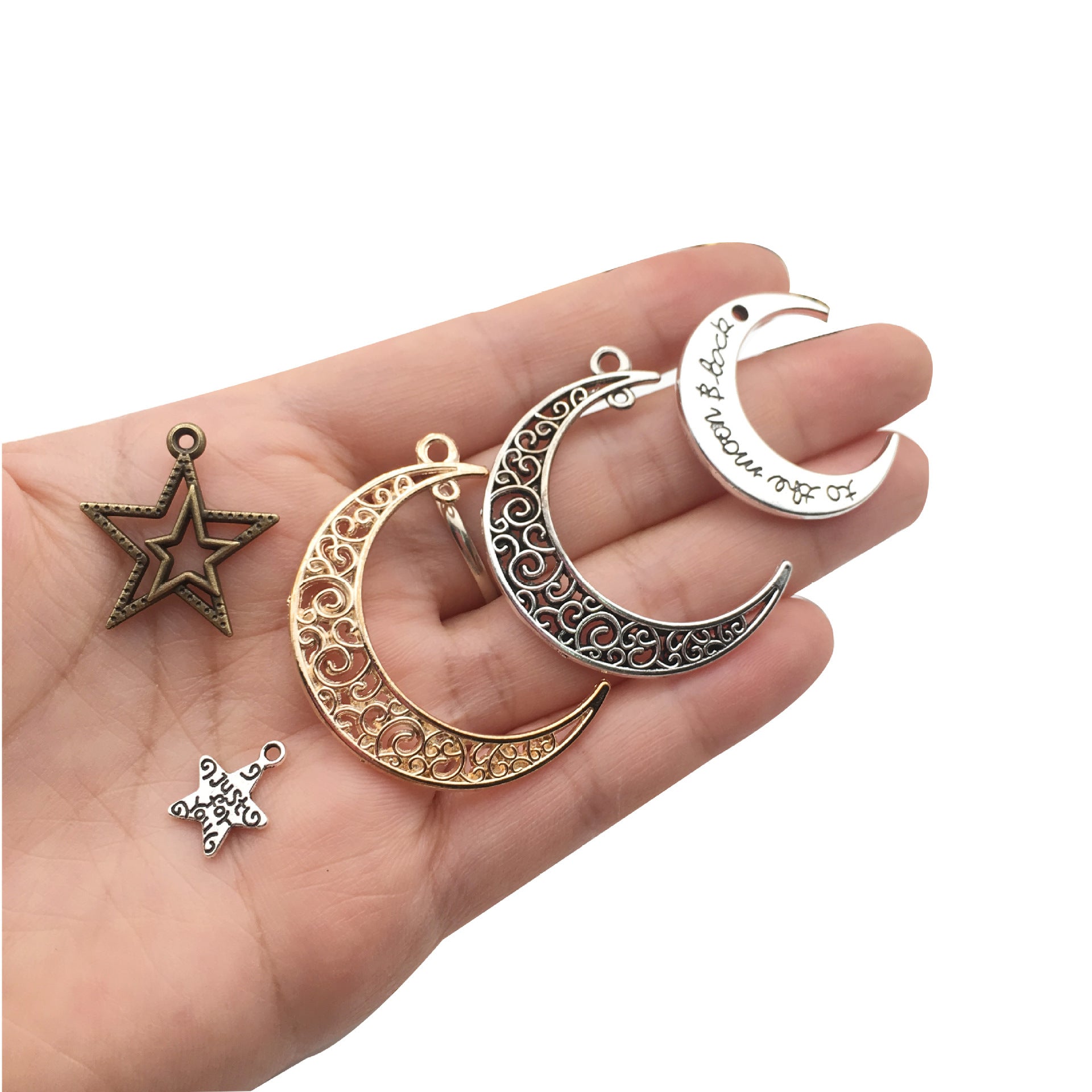 Vintage Zinc Alloy Hollow Moon Star Charm Pendant for DIY Necklace Keychain Jewelry