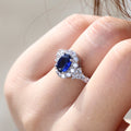 Deep Blue Oval Solitaire Floral Cluster Ring Silver Tone view 2