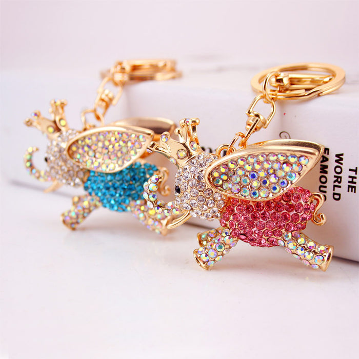 Rhinestone Winged Elephant Keychain With Crown And Gold-Tone Ring