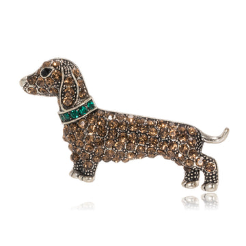 Gold Tone Dachshund Dog Brooch Pin with Crystal Accents