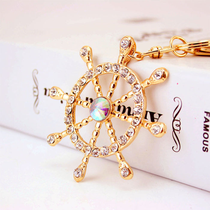Rhinestone Ship Wheel Keychain Zinc Alloy Nautical Car Key Ring Charm