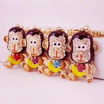 Rhinestone Monkey Metal Keychain With Yellow Banana Accent