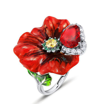 Silver Tone Red Enamel Poppy Flower Ring Jewelry Design