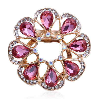 Pink teardrop crystal flower scarf ring brooch on white