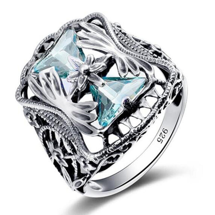 Silver Tone Aqua Square Filigree Statement Ring Statement Jewelry