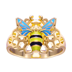 Gold And Silver-Tone Bee Ring With Blue Enamel Wings