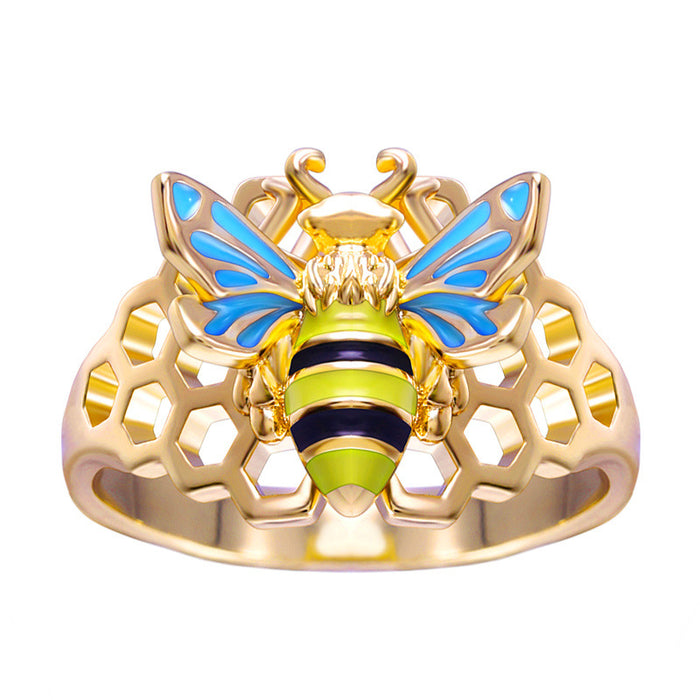 Gold And Silver-Tone Bee Ring With Blue Enamel Wings