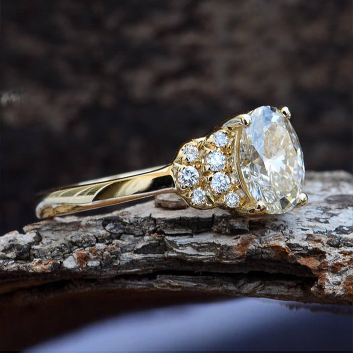 Gold Tone Three Stone Ring With Clear Accents Statement Jewelry