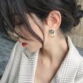 Green Round Stud Earrings with Gold Tone Ring Drops view 2