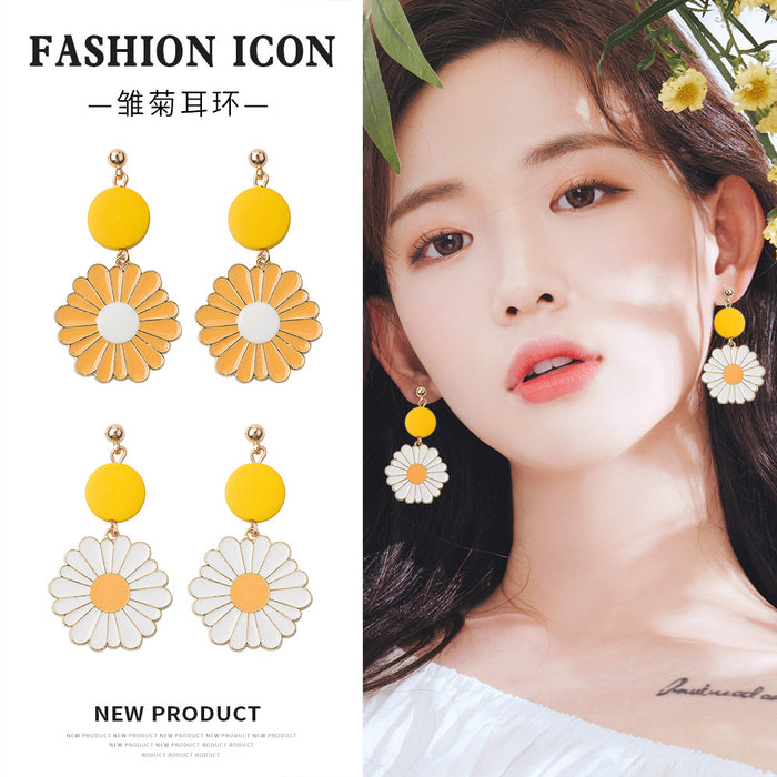 Yellow Round Top Daisy Flower Statement Stud Earrings