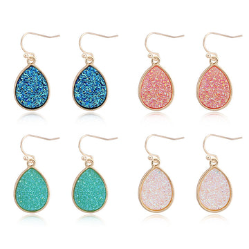 Gold Tone Teardrop Druzy Long Hook Earrings in Four Colors