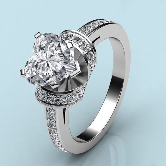 Silver Heart CZ Halo Ring Split Shank Pave Band Sizes