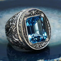 Antique Silver Tone Blue Rectangle Filigree Ring Statement Jewelry view 2