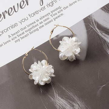 White Petal Cluster Gold Tone Hoop Statement Earrings