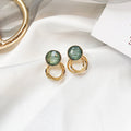 Green Round Stud Earrings with Gold Tone Ring Drops view 6