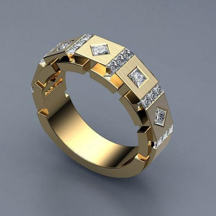 Gold Tone Square Stud Band Ring With Clear Stones Statement Jewelry