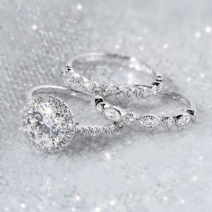 Round Center Stone Three Piece Ring Set With Clear Stone Accents