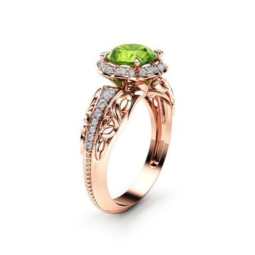 Rose Gold Tone Green Oval Scrollwork Halo Ring Statement Jewelry
