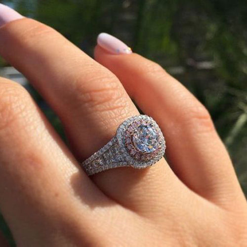 Silver Tone Pink Crystal Teardrop Halo Ring front view