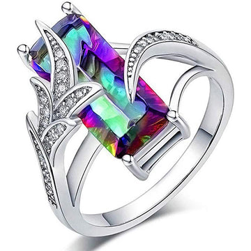 Rectangular Stone Leaf Ring In Green And Multicolor Silver Tone