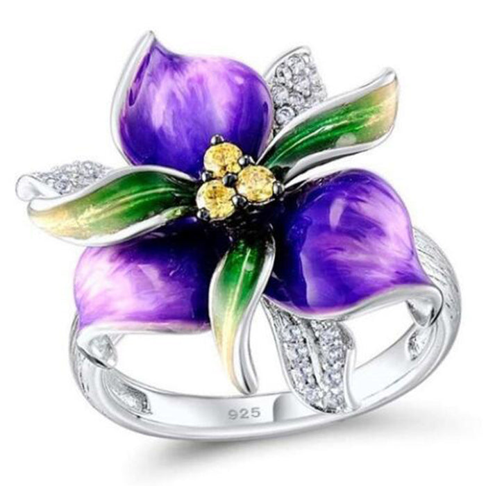 Silver Tone Purple Enamel Flower Statement Ring Design