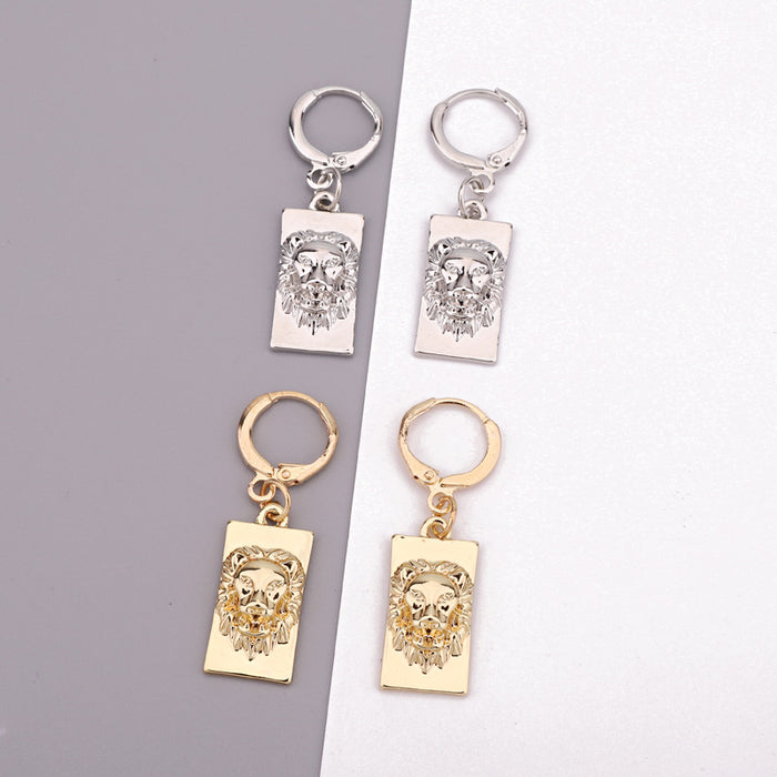 Rectangular Lion Head Huggie Drop Earrings in Gold or Silver Tone