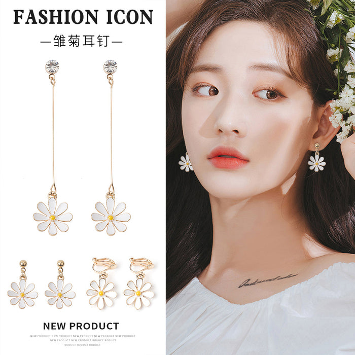 White Daisy Flower Long Short and Clip Dangle Earrings