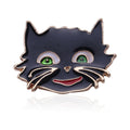 Black Cat Face Brooch with Green Eyes and Gold Tone Outline view 6