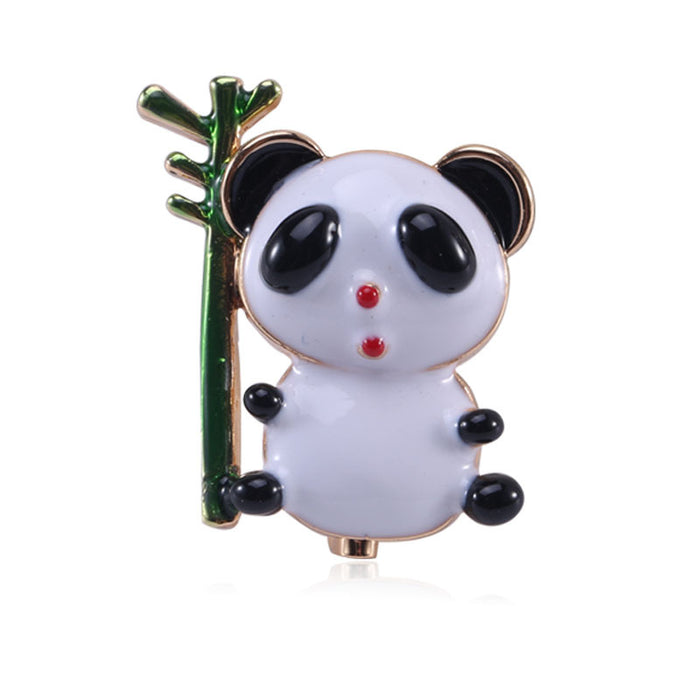 Enamel Panda and Bamboo Brooch with Gold Tone Trim