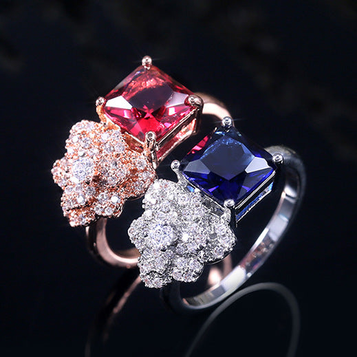 Floral Cluster Ring with Red or Blue Baguette Stone