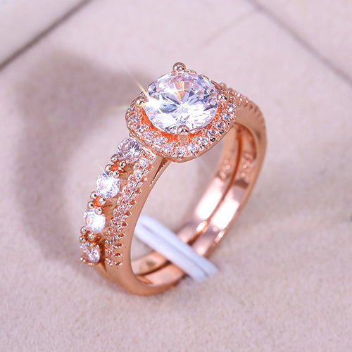 Rose Gold Tone Round Crystal Two Piece Ring Set angled detail