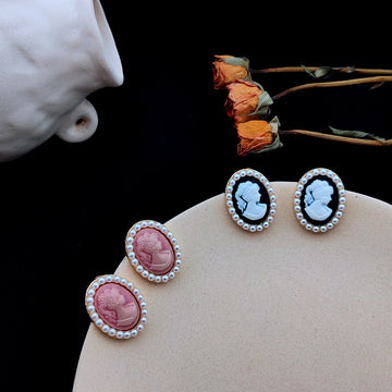 Oval Pearl Rim Cameo Portrait Stud Earrings Gold Tone
