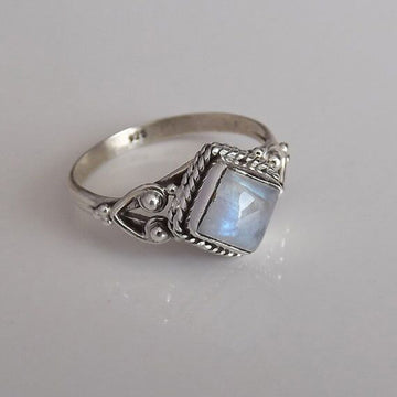 Silver-Tone Square Opalescent Ring With Filigree Shoulders
