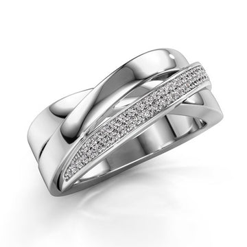 Silver Tone Crossing Wave Ring with Clear Stone Rows