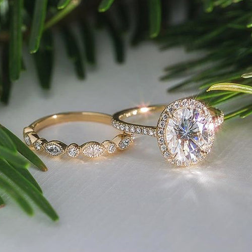 Gold Tone Round Crystal Two Piece Ring Set front view