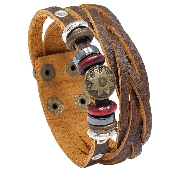 Brown Lychee Grain Cowhide Leather Bracelet For Men And Women, Korean Minimalist Fashion Wristband