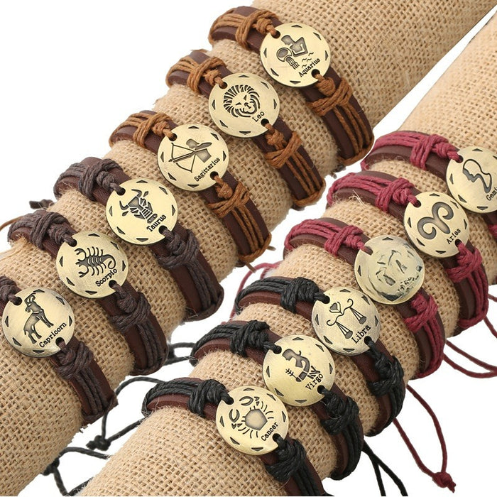 12 Zodiac Genuine Leather Bracelet Mixed Pack Birthday Gift Fashion Horoscope Wristband