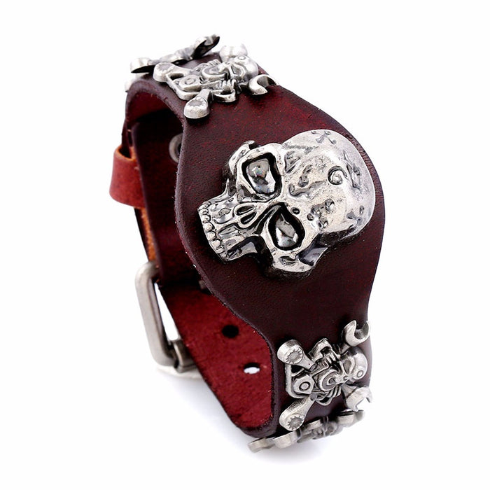 New Punk European American Skull Genuine Cowhide Leather Bracelet Women's Rock Style Wristband