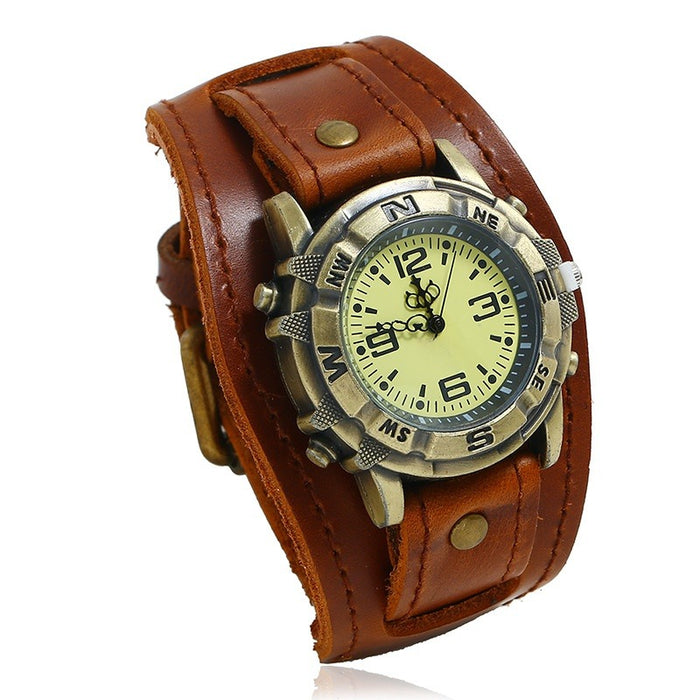 Vintage Genuine Leather Watch Bracelet Punk Hip Hop Cowhide Wristband For Men And Women